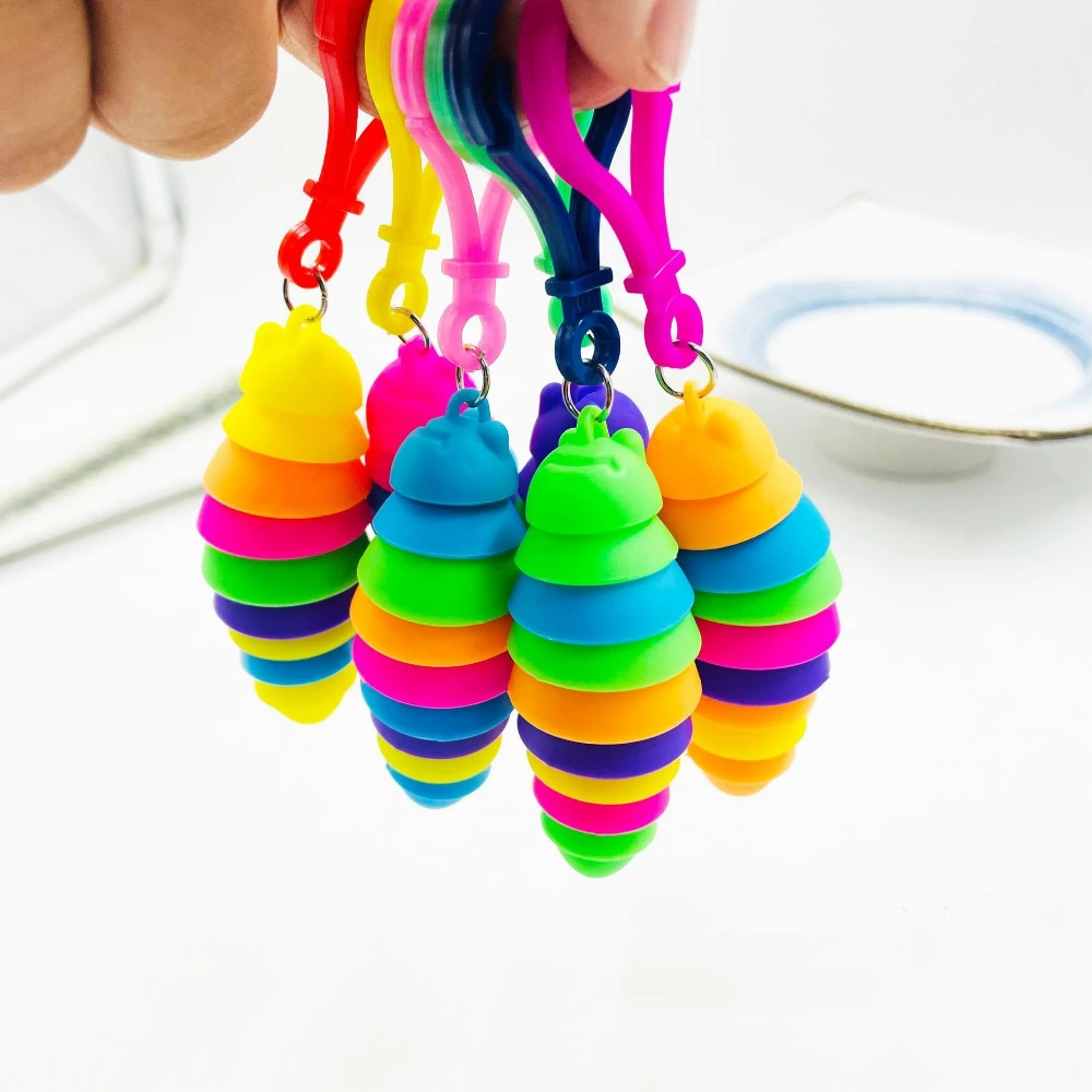 Fidget Toys Caterpillar Keychain Kawaii Silicone Rainbow Cute Slug Snail Pendant Key Chain Stress Relief Toys for Children Girls
