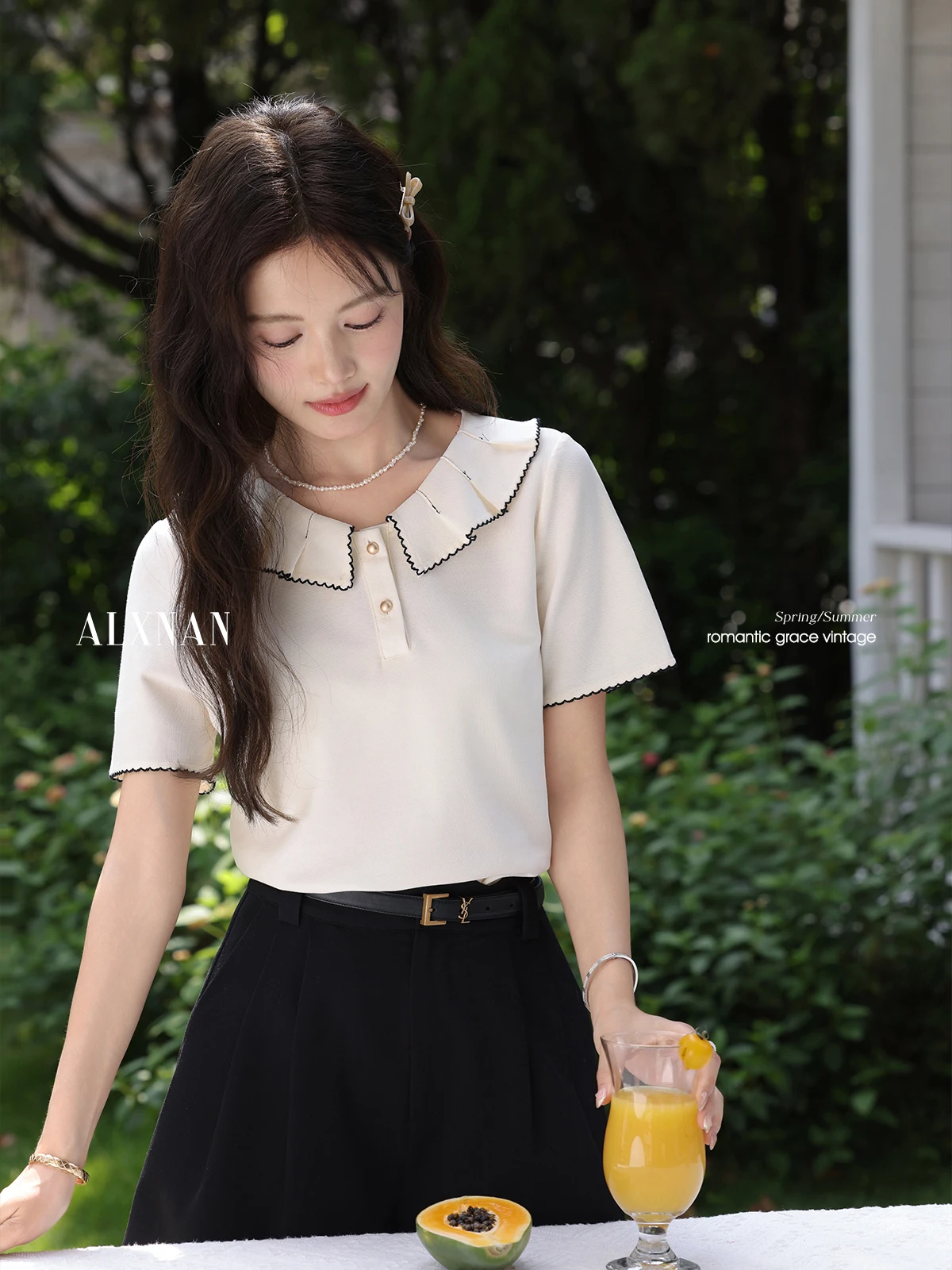 

ALXNAN Women's T-shirt Apricot Cute Doll Neck Elegant T-shirts 2025 Summer Casual Cotton Loose-fit Short Sleeve Tops New L557128
