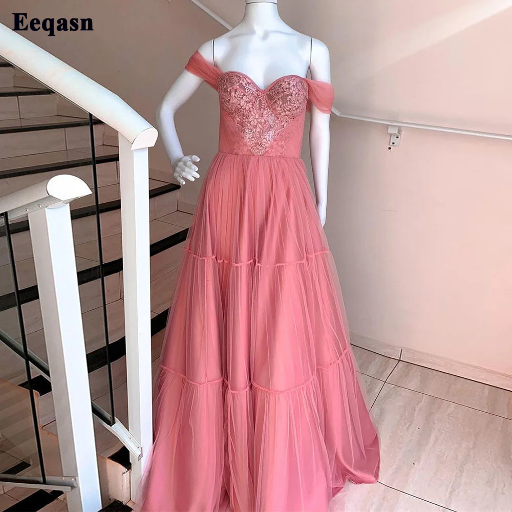 Eeqasn Watermeloen Rood Tulle Prom Dresses Applicaties Lace Off Shoulder Prom Jassen Pleats Tiered Rok Avondjurk 2022