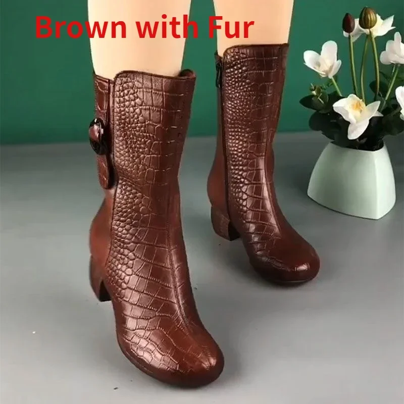 Cowboy Boots for Women High-top Faux Leather Winter Shoes Retro Womens Boots Heeled Ankle Boot Western Warm Plush Botas De Mujer