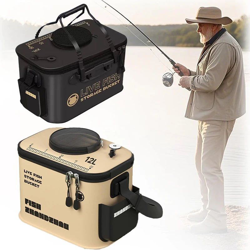 دلو صيد قابل للطي - دلو صيد 12 لتر/22، حاوية أسماك حية قابلة للطي محمولة متعددة الوظائف، دلو حماية الأسماك من إيفا