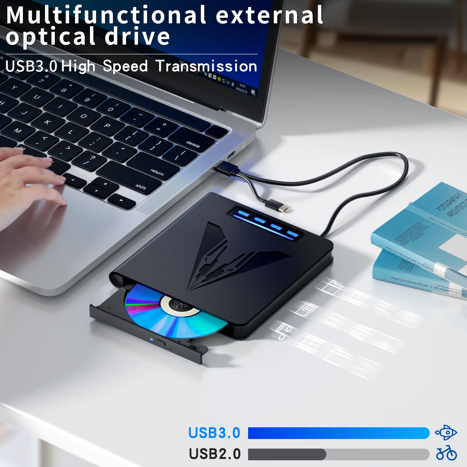 Portable CD/DVD Disk Drive Burner Reader Writer Player External CD DVD Drive with 4 USB Ports and TF/SD Card Slots for Laptop PC