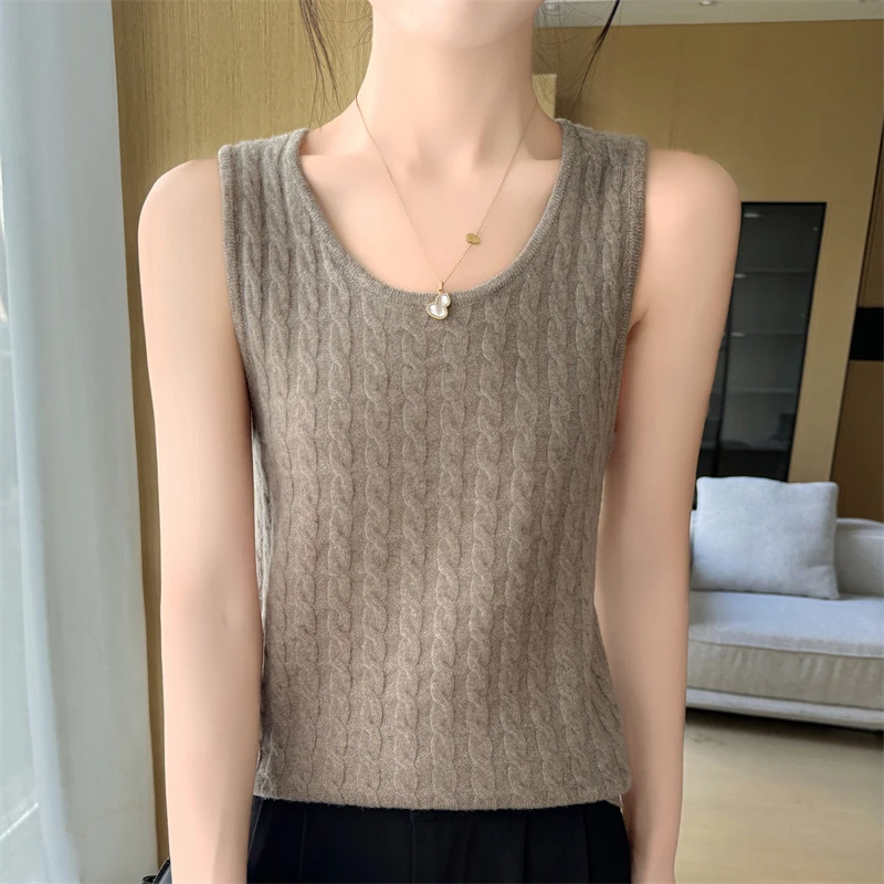 

Женский базовый пуловер без рукавов с круглым вырезом, жилет, свитер, весна-осень, 100% мериносовая шерсть, повседневный однотонный женский базовый вязаный топ