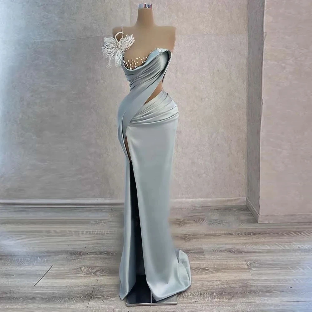 

Flora Dress Sky Blue Satin Mermaid Backless Evening Dresses Off Shoulder Sleeveless High Split Beading Fashion Mopping Prom Gown