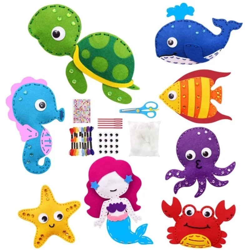 

8 Pcs Children Felt Sewing Kit Ocean Animals DIY Art Craft Felt Set Beginners Sewing Set For Boys And Girls Educational Gift