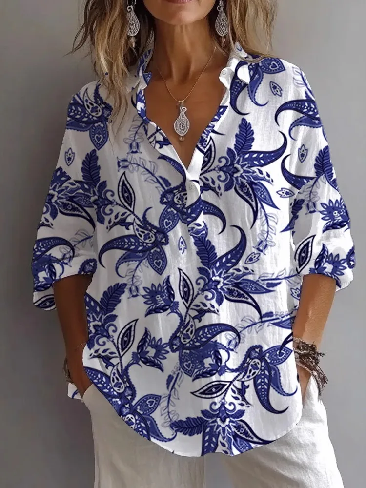 

New Fashion Women Shirt V Neck Long Sleeve Turn-down Collar Button Boho Print Shirts Female Fashion Casual Holiday Ladies Shirts