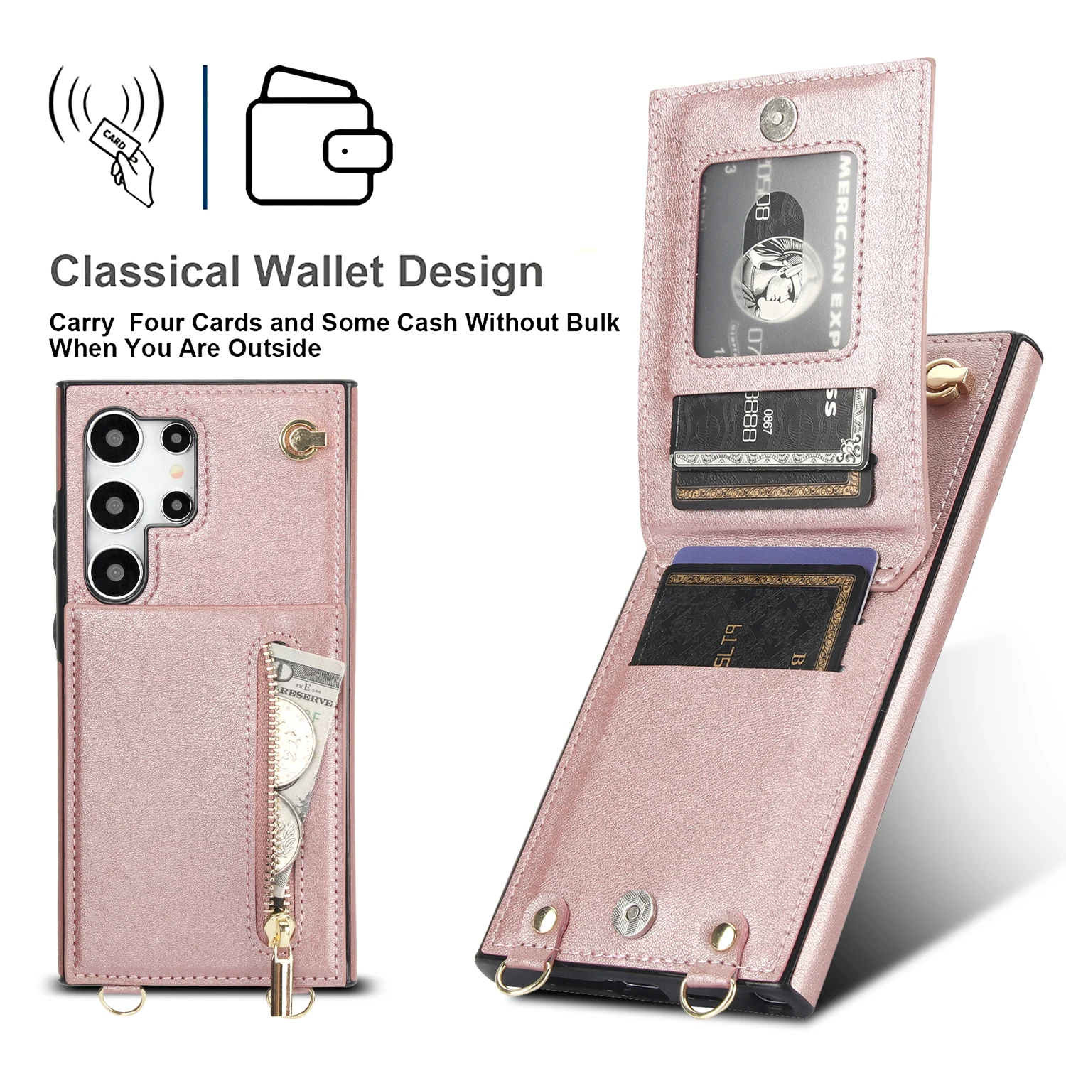 For Samsung Galaxy S25 S24 S23 S22 FE Note 10 20 Ultra Plus Case Crossbody Lanyard Zipper Wallet Card Slot Strap Kickstand Cover