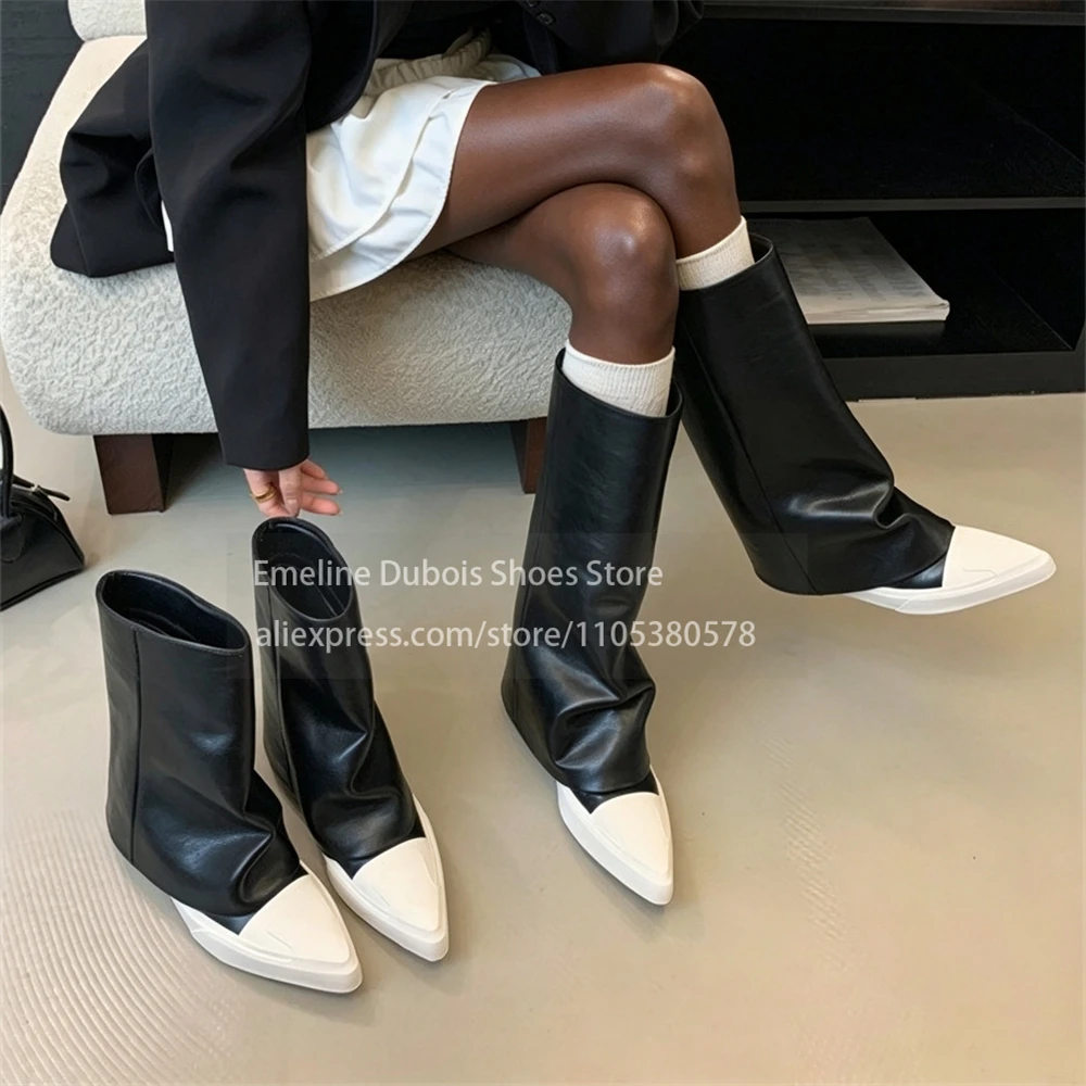 Foldover Black White Color PU Mid Calf Boots Flat Pointed Toe Slip on Ankle Boots Casual Fashion Street Autumn Winter for Women