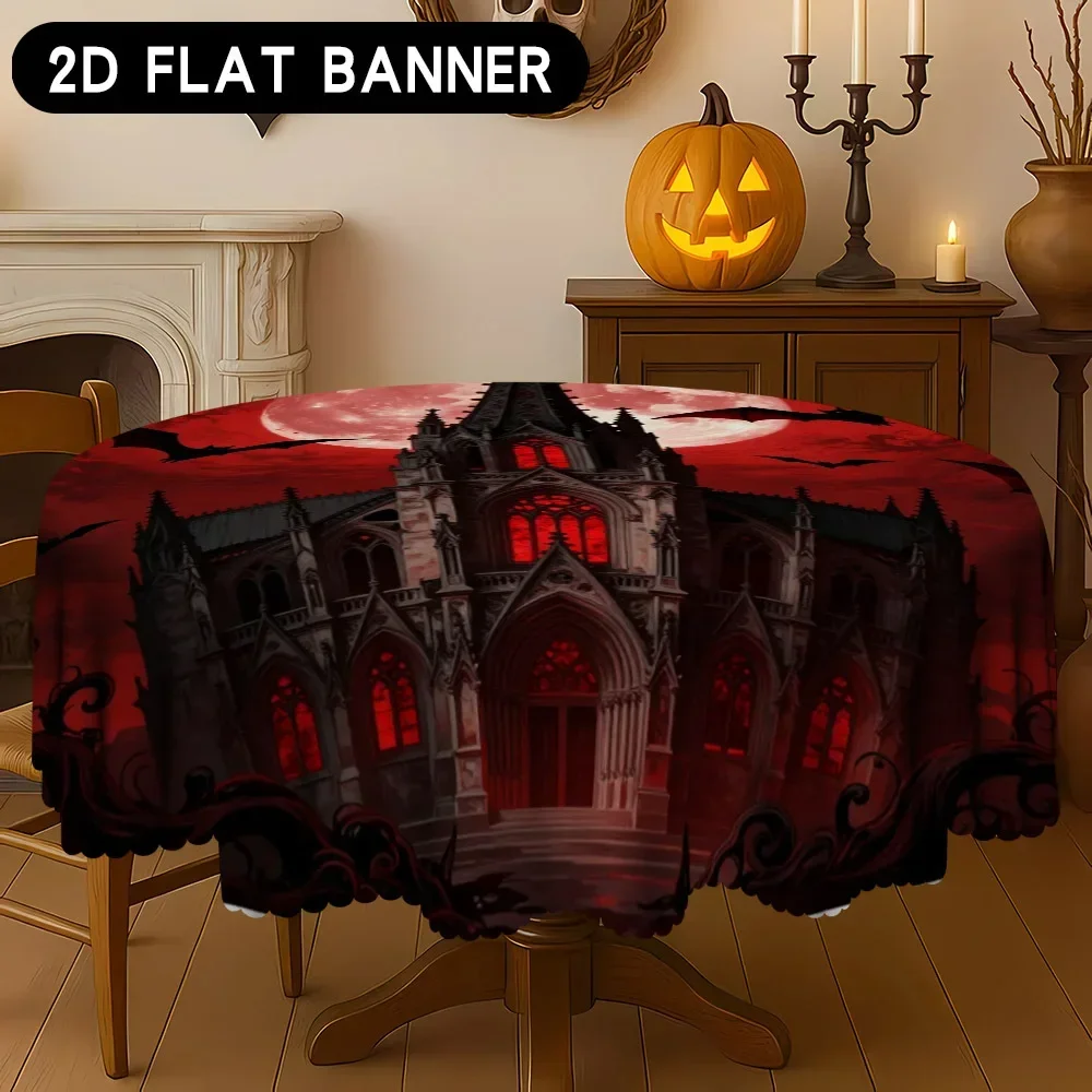 One circular polyester tablecloth with a Halloween castle theme, featuring a full moon and Gothic architecturezyc