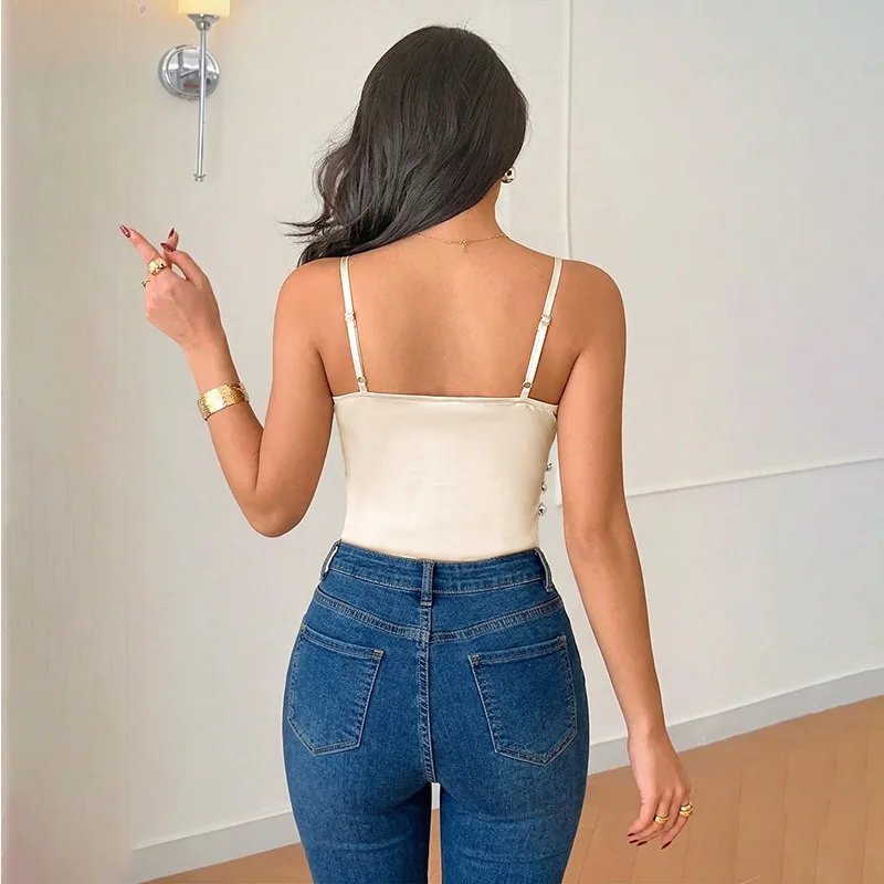 Women's New V Neck Spaghetti Strap Bodysuit Wrap Front Ruched Waist Sleeveless Slim Fit Lingerie Style One Piece Romper Bodysuit