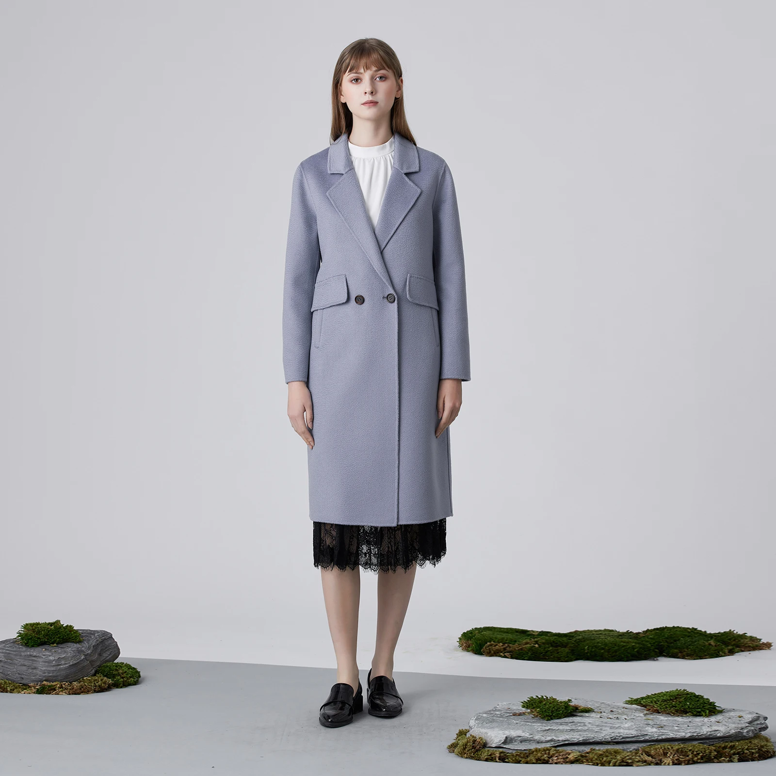 

Double-Sided Pure Wool Blue Mist Windbreaker Coat Water Ripple Pattern Commute Sle Long Sve Suit Collar Mid-Length Coat