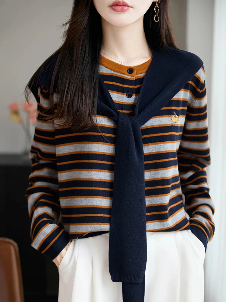 

Модный полосатый вязаный комплект-свитер с шарфом для женщин, для повседневной носки, с длинными рукавами, круглым вырезом, стандартного кроя, в корейском стиле