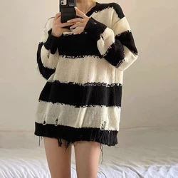 Vintage Loose Women Hole Striped Sweaters Y2K Streetwear Long Sleeve Jumpers Korean Harajuku Long Sleeve Female Casual Top