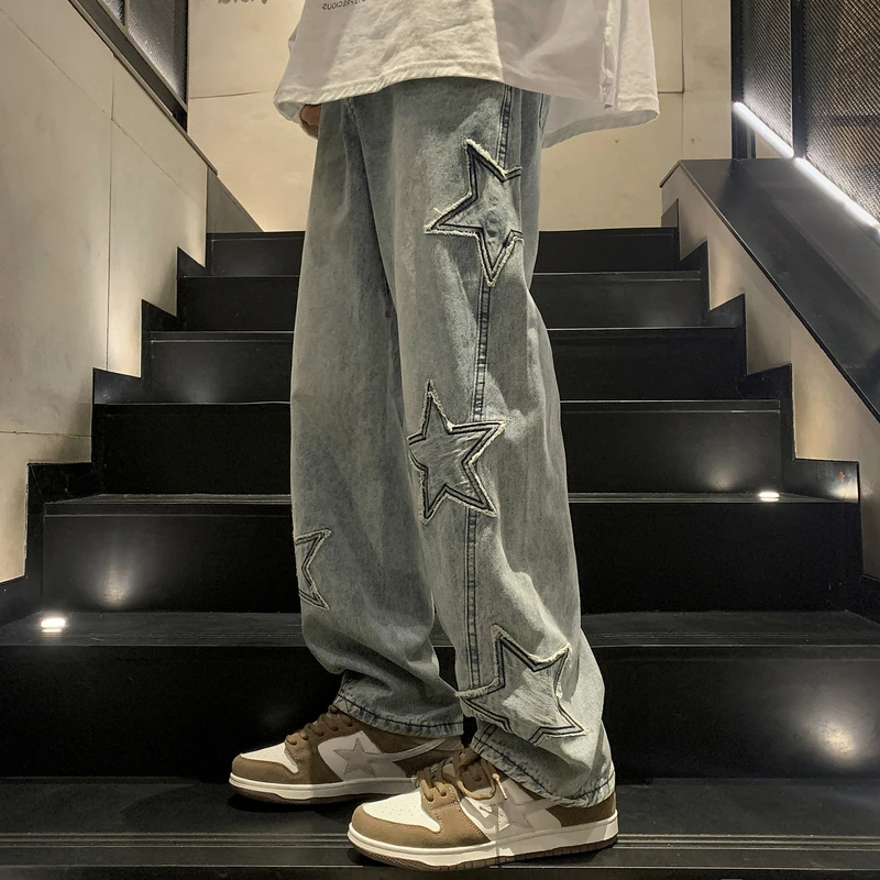 

American Style Loose Straight Leg Jeans for Men with Five Pointed Star Patch Casual Long Trousers Youth Fashion Trend