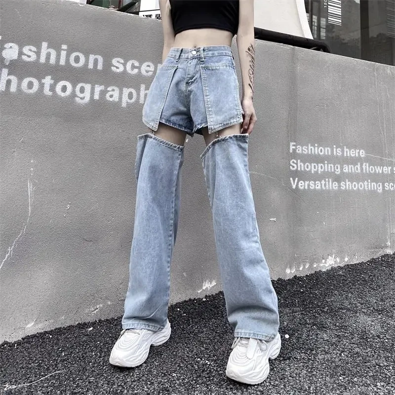 New Cargo Straight Women Jeans American Button Daily Long Leg Jeans High Waist Denim Korean Fashion Pants