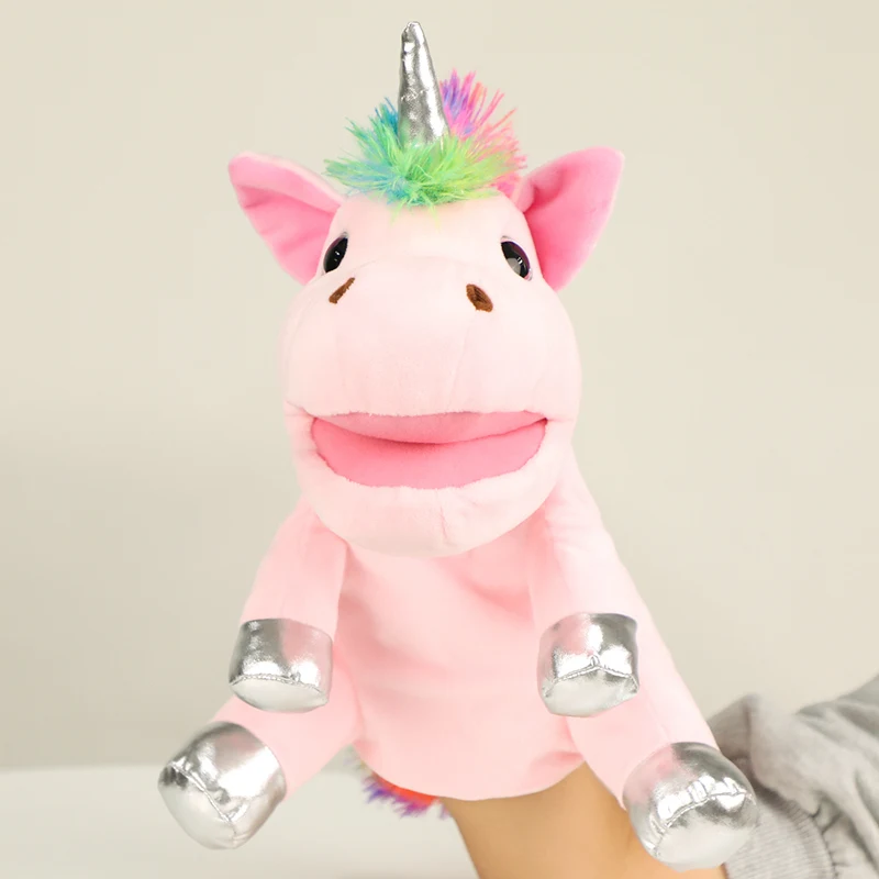 Marioneta de mano de animales de 30cm, juguetes de peluche de unicornio de dibujos animados, marionetas de mano de animales educativas para bebés, muñeco de juguete para contar historias para niños