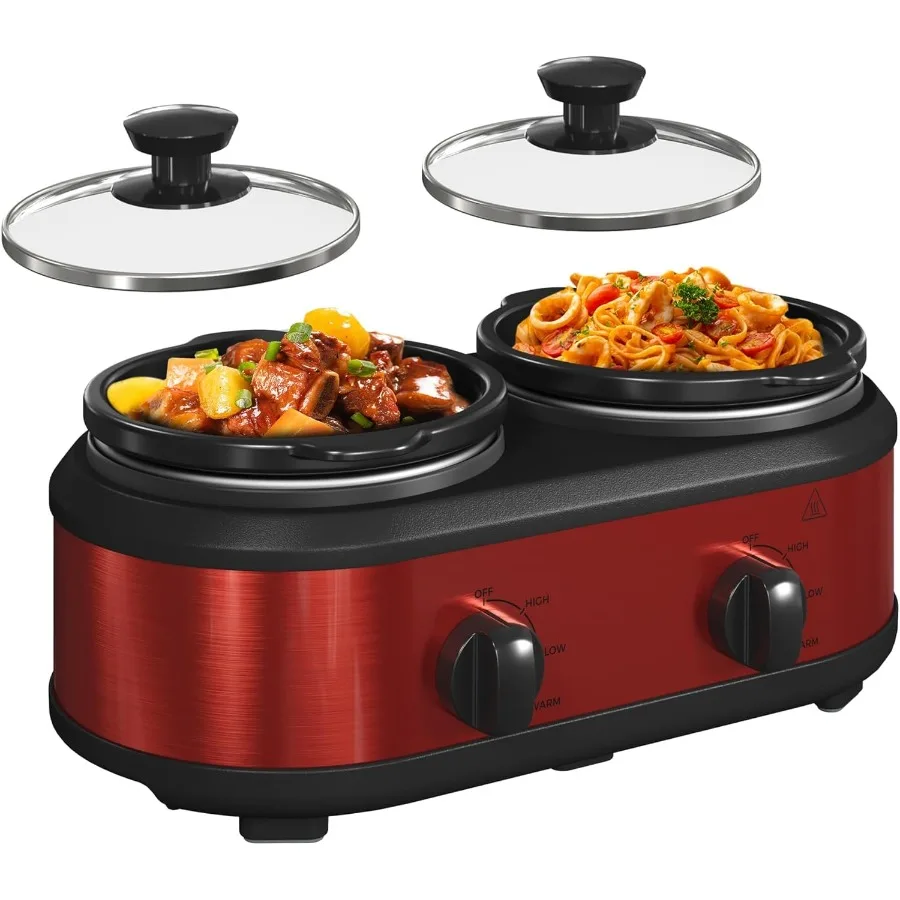 

Double Slow Cooker with Two 1.25 QT Portable Dual Crock Pots for Home and Outdoor Use Ideal for Buffet Servers and Food Warmers