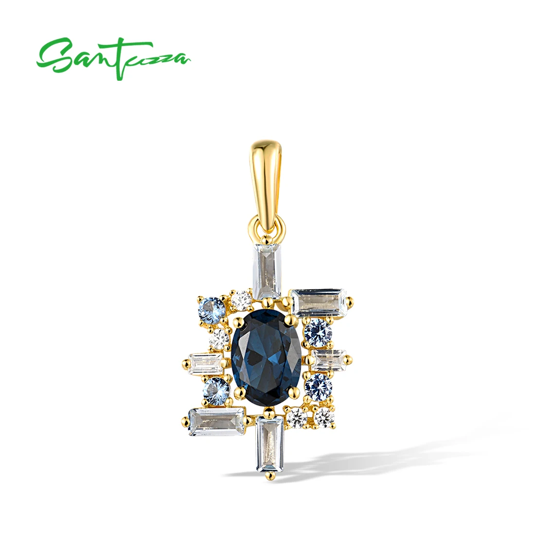 

SANTUZZA Genuine 925 Sterling Silver Pendant for Women Sparkling Blue Spinel White CZ Delicate Solitaire Gifts Fine Jewelry Sets