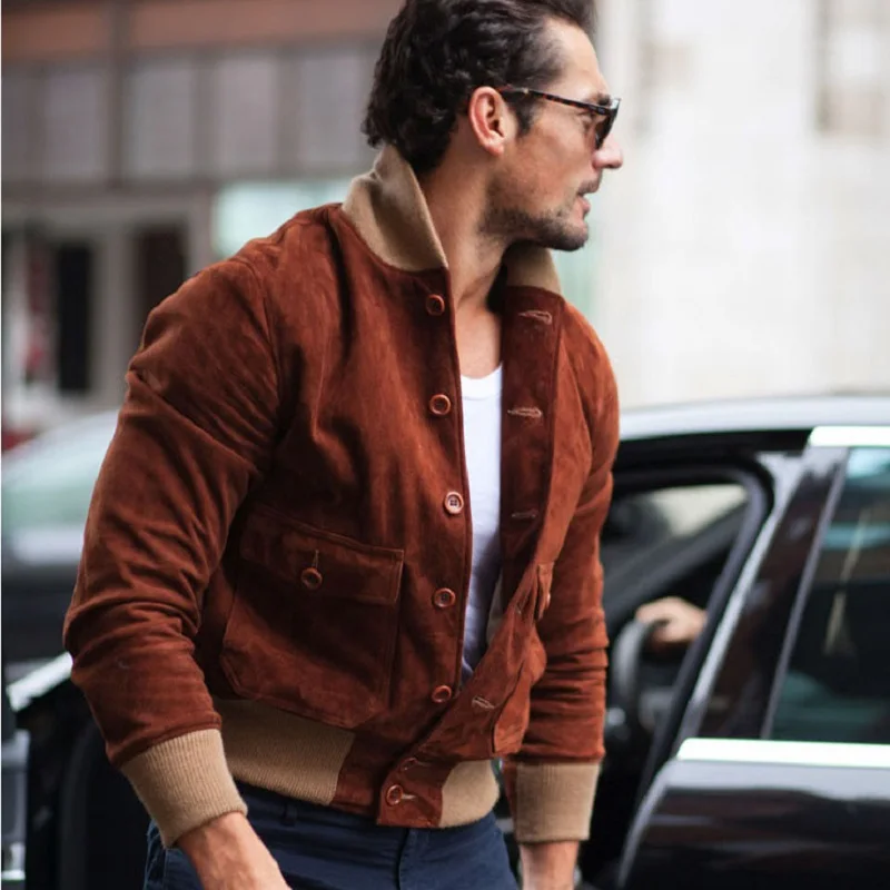 European American Youth Trend Uniform Quality Spring Autumn Stand Collar Slim Flight Jacket Men Short Style Suede Work Coat