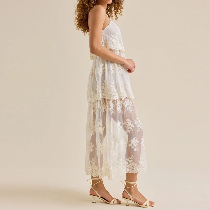 Casual Solid Backless A-Line Dress Sexy Suspender Off Shoulder Loose Vacation Dress French Lace Mesh Splice Double-Layer Dresses