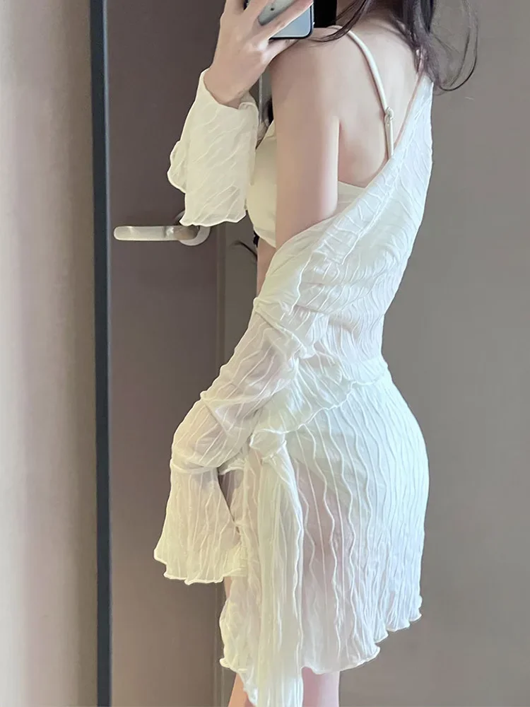 2025 maiô feminino malha manga longa frente gravata cobrir saia 4 peça conjuntos de biquinis praia maiô férias coreano