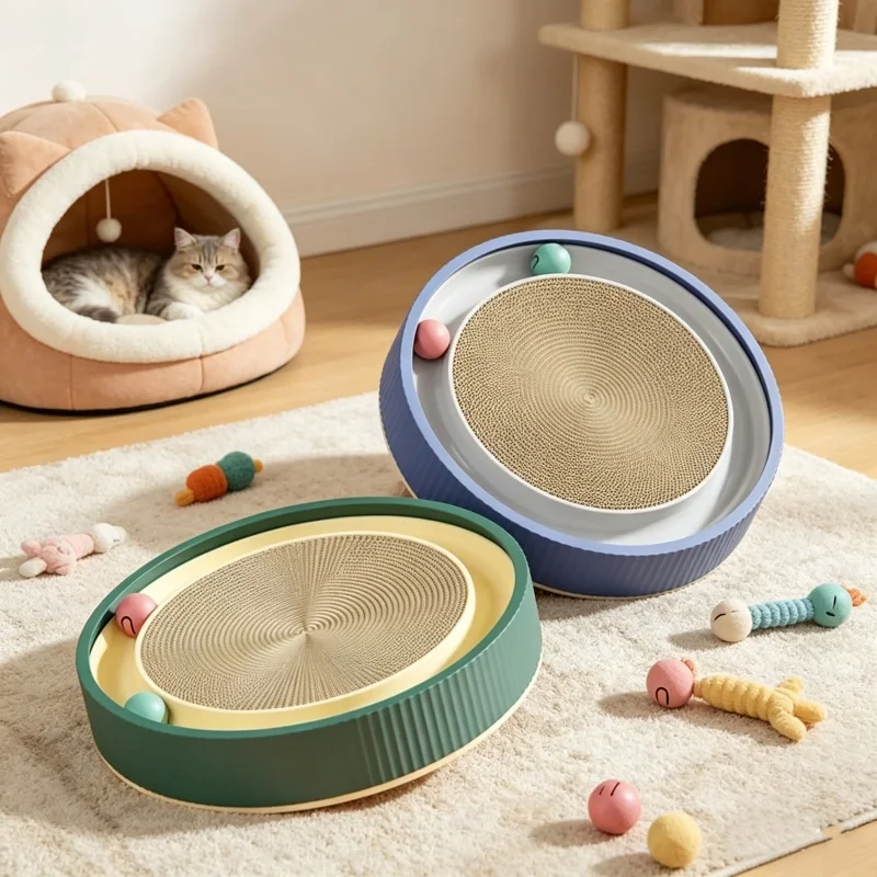 Katzen-Kratzboard Rundes Bett mit Ballspielzeug Lustiger Krallenschärfer Multifunktionales Katzen-Kratzbrett für Haustier-Katzen