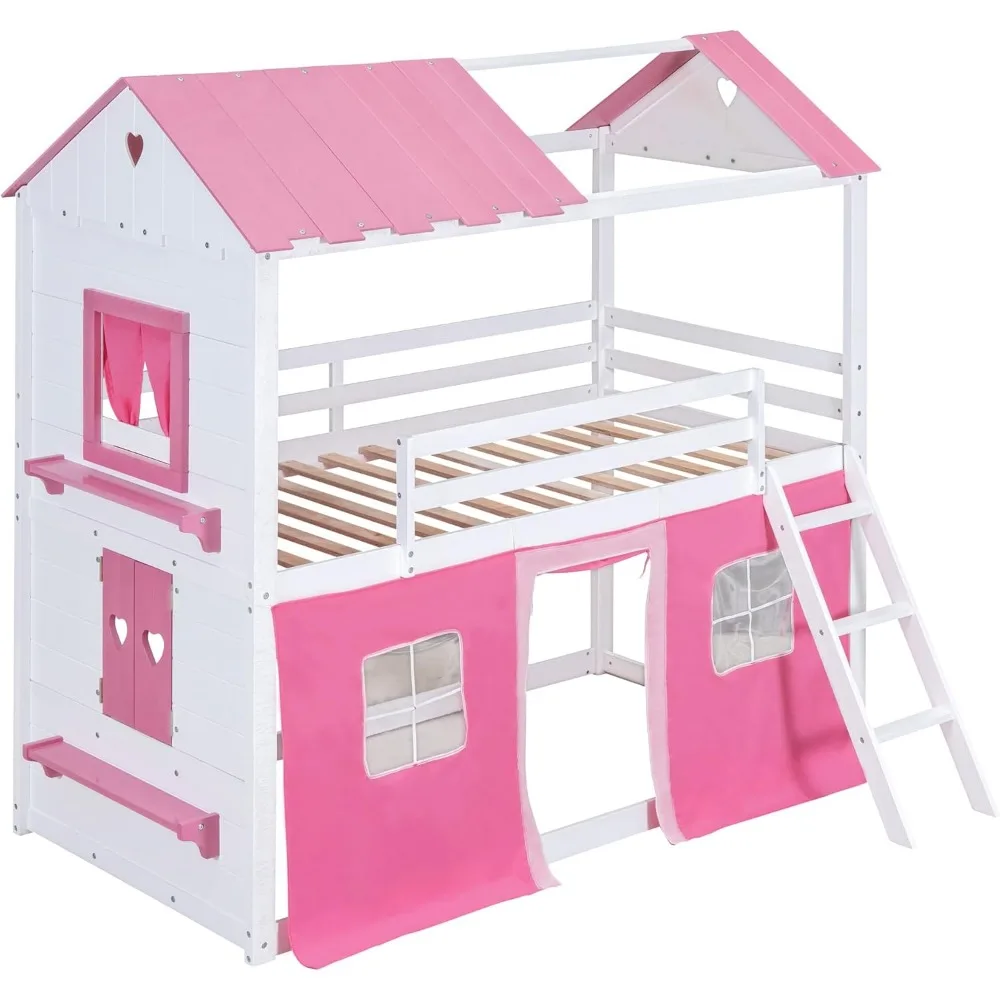 House Full Loft Bunk Bed with Tent, Kids Loft Bed with Ladders,Guardrail, Windows and Roof, Wood Full Over Full Playhouse Bunk