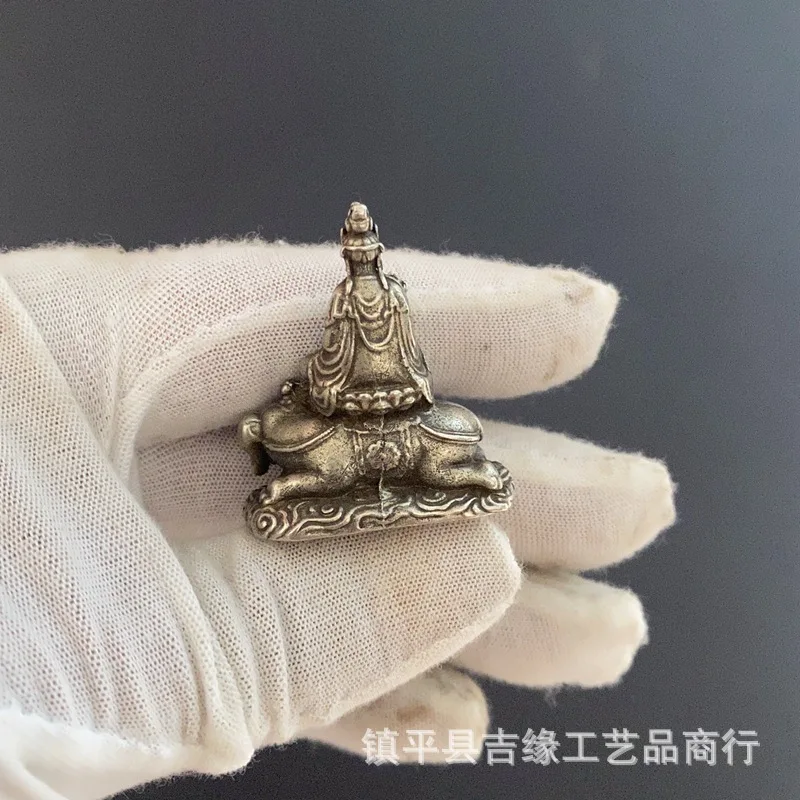 Antique Bronze White Copper Manshu Puxian Small Buddha Ornament Portable Buddha Statue Mini Crafts Table Ornaments Furnishings