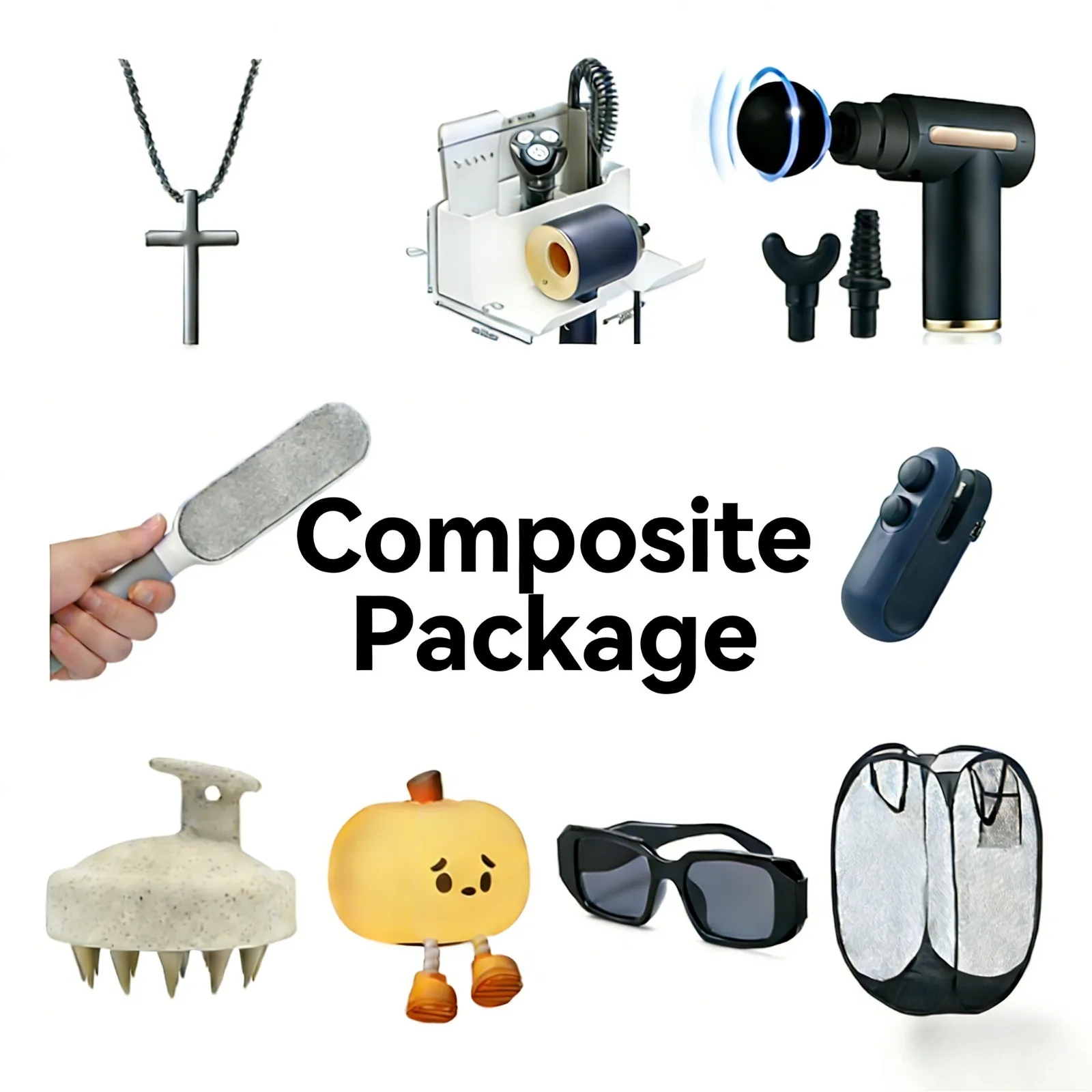 

Набор-сюрприз 10 в 1: кулон-крест, пилка для ног, массажер для мышц, массажный пистолет, солнцезащитные очки, светодиодный ночник в форме тыквы