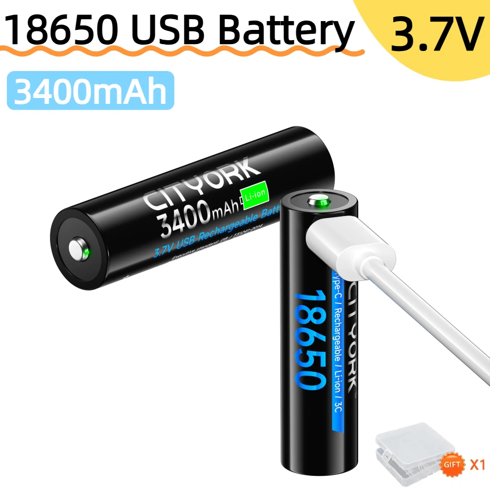 18650 Cylindrical Battery Li-ion USB Batties 3400mAh With TYPE-C, Applicable to the same type of battery electronic product