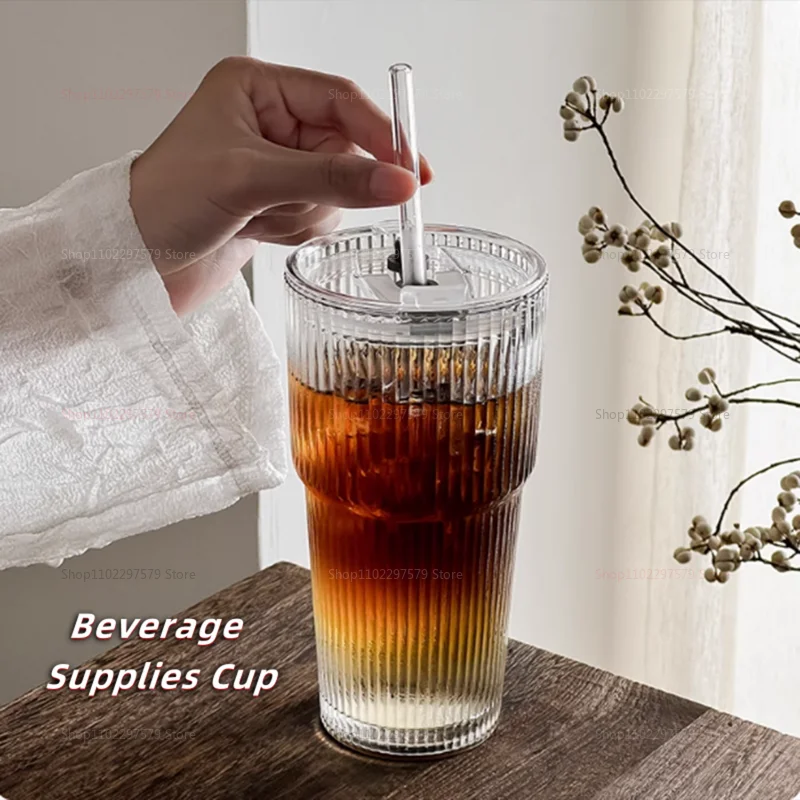Ins Style High Capacity Vertical Pattern Glass Straw Cup Coffee Mug Milk Tea Cup for Couples and Coffee Lovers