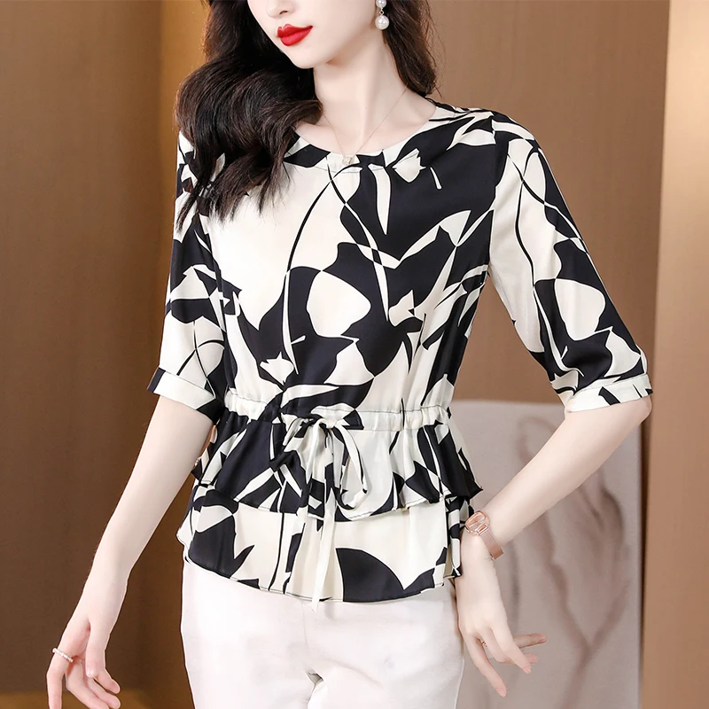 2023 Summer New Women's Silk Vintage Printed Short Sleeve Top Shirt O-Neck Loose Large Waist Slim Mom's Shirt T-shirt