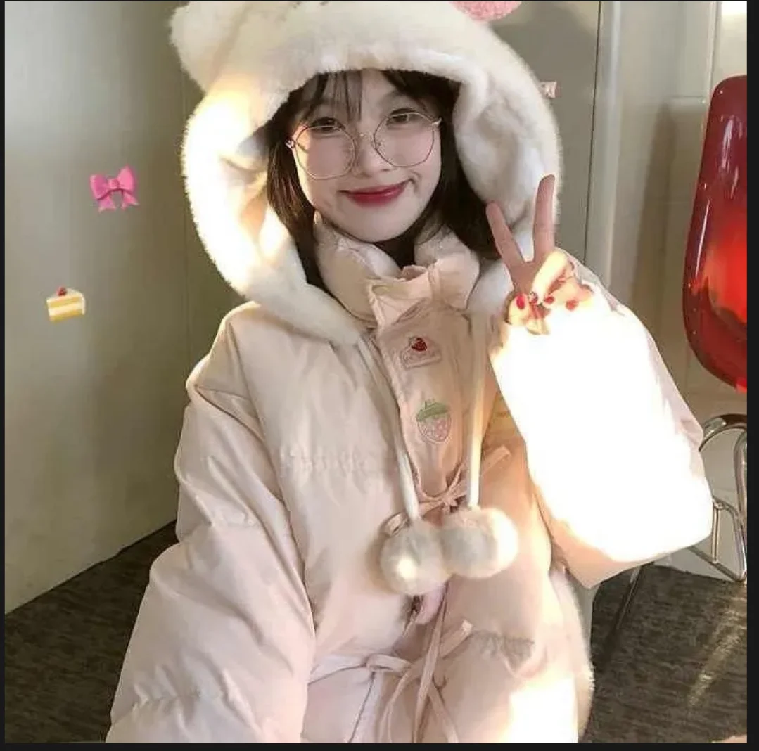 Japanese Style Girl Cute Cartoon Parkas Women Thick Students Down Coat Sweet Hooded Parka Pink Fur Collar Outerwears2024 Winter
