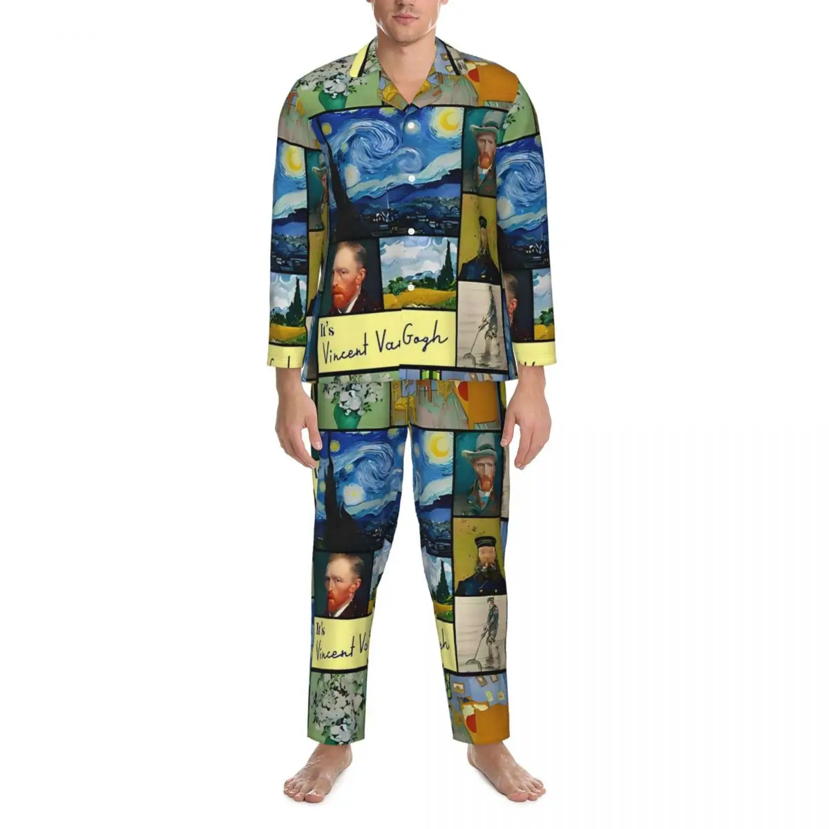 Vincent Van Gogh Collection pyjama ensembles mignon vêtements de nuit homme à manches longues décontracté sommeil deux pièces vêtements de nuit grande taille