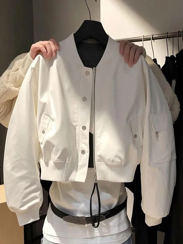 White Loose Zipper Baseball Jacket Women's Spring 2025 Fashionable Flight Suit Top Comfortable Commute Style Long Sleeve