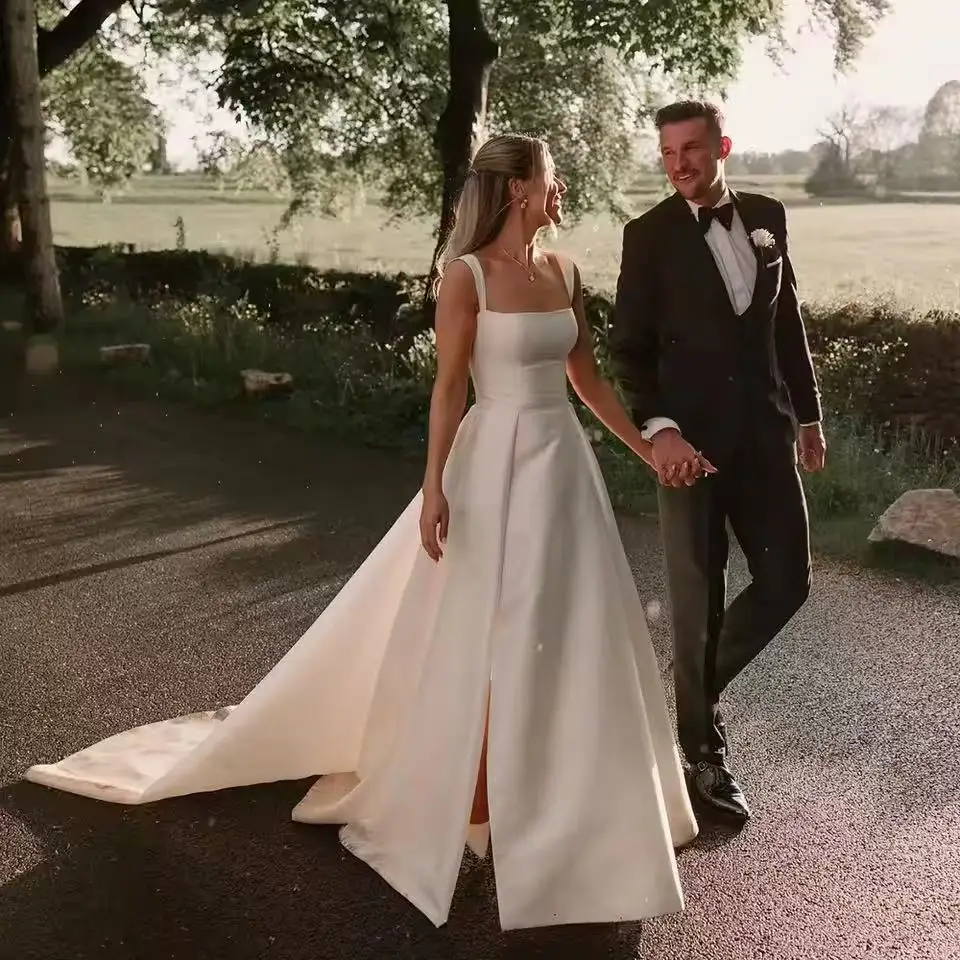 シンプルなサテンのウェディングドレス 2026 ハイ スリット A ライン花嫁衣装スクエアネックプリンセス Vestido デ ノビア ウェディングドレスカスタマイズ