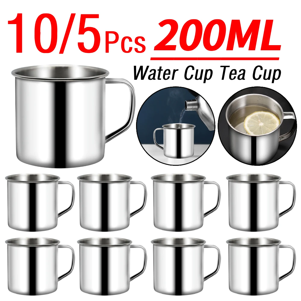 5/10Pcs Edelstahl Becher 200ML Camping Wasser Kaffee Tasse Bruchsicher Edelstahl Trinkbecher mit Griff Küche Gadget
