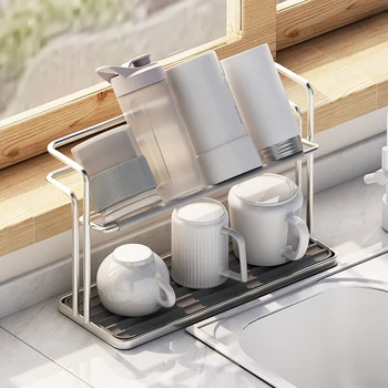 Kitchen Stainless Steel Double-layer Water Cup Rack Hanging Upside Down Teacup Storage Rack Household Tray Shelf 1