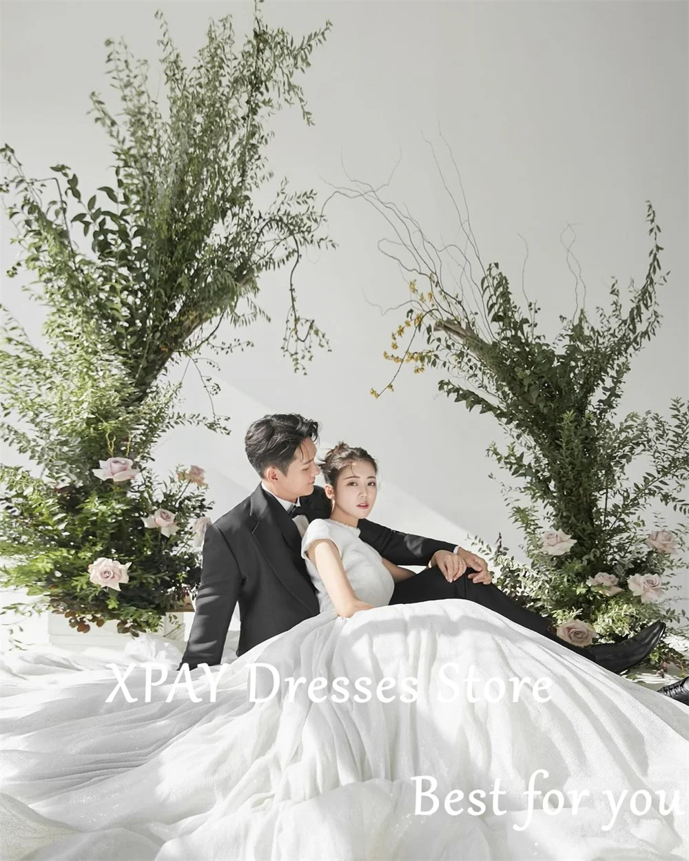 Xpay ชุดแต่งงานสวยๆคอกลมแขนสั้นเดรสถ่ายรูปเกาหลีชุดราตรีเจ้าสาวแบบหรูหราทำเองได้