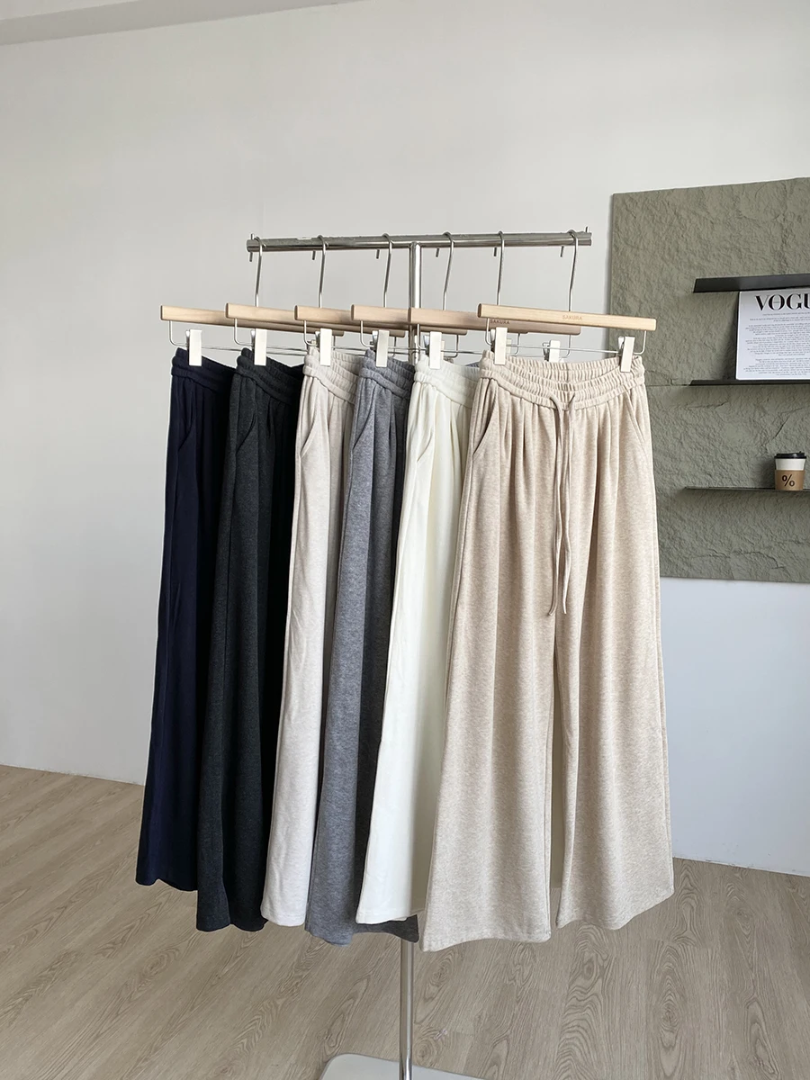 Pantaloni da donna a gamba larga in vita elastica con coulisse primavera autunno da donna Pantaloni dritti Losoe comodi a vita alta tinta unita