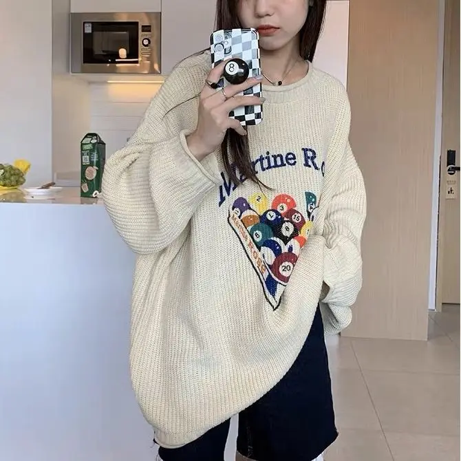 Korean Style Lazy Style Retro Printed Curled Pullover Sweater for Women in Autumn and Winter Y2K Personalized Loose Sweater Top