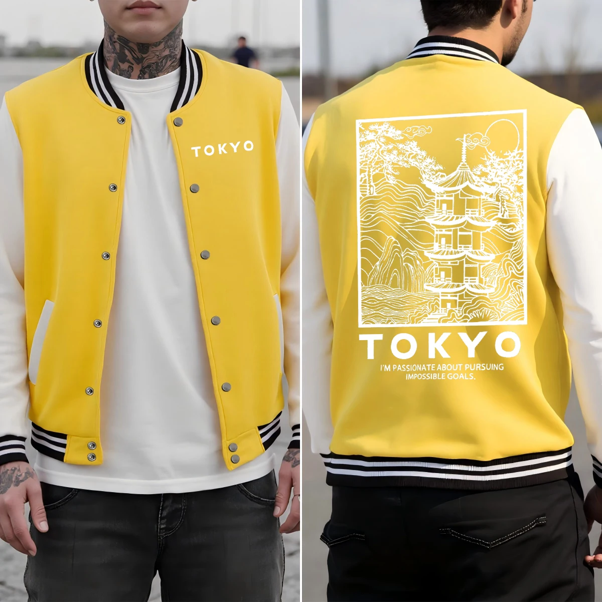 

Tokyo Creative Building Cherry Blossom Letter Printed Men Jacket Button Casual Baseball Uniform Cotton Loose Autumn Sportswear