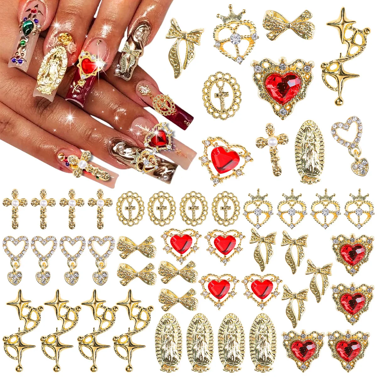 40PCS Heart Nail Charms 3D Red Nail Charms 10 Styles San Judas Cross Star Gold Nail Gems Alloy Love Crystals Nail Rhinestones