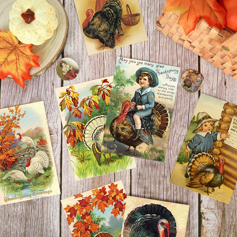 12p Vintage Thanksgiving Greeting Card Pumpkin Turkey Postcard Celebrating Autumn Harvest Retro Blessing Card Thanksgiving Decor