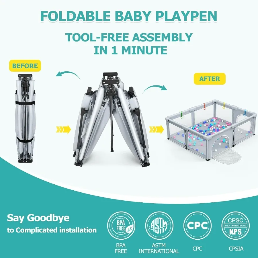아기와 유아를 위한 접이식 놀이 울타리, 대형 휴대용 놀이 울타리, 안전 공간, 여행용 놀이 공간, 보관 가방 2개 포함