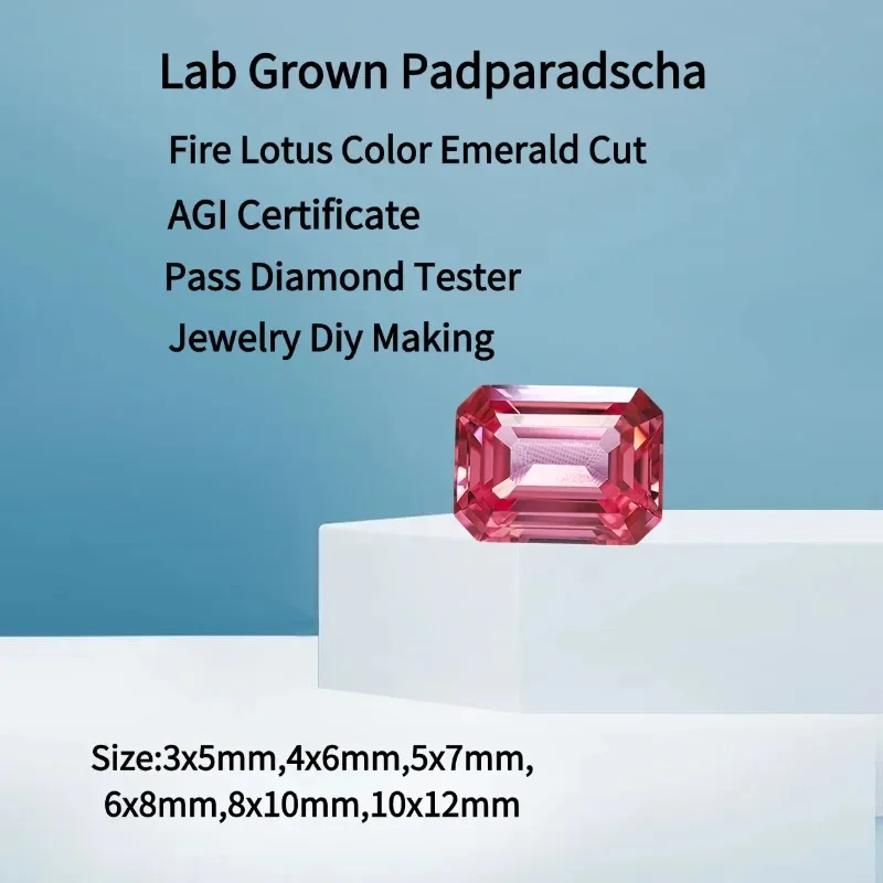 

Lab Grown Padparadscha Emerald Cut Fire Lotus Color High Quality Loose Gemstone For Jewelry Making With AGL Certificate