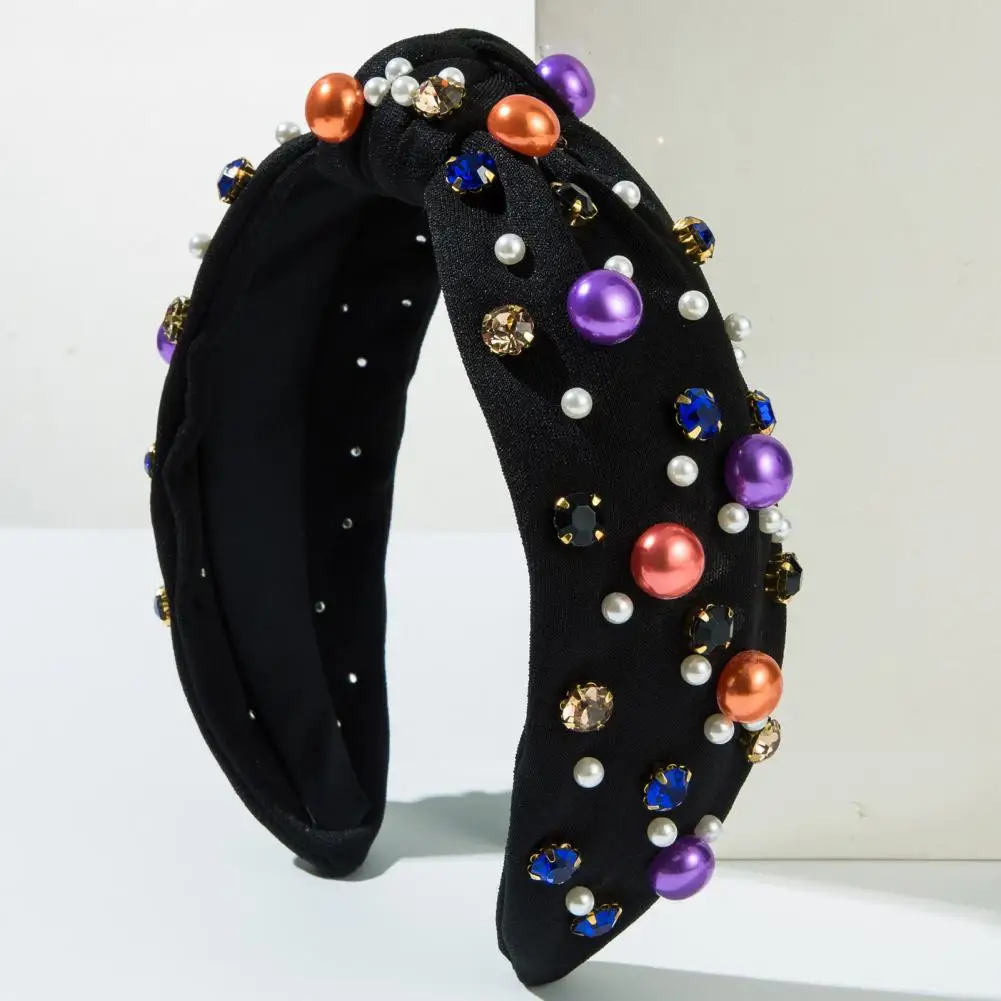 Widen Design Hair Hoop Sparkling Halloween Headband with Faux Pearls Rhinestones Wide Design Hair Hoop for Adults Festive Hair