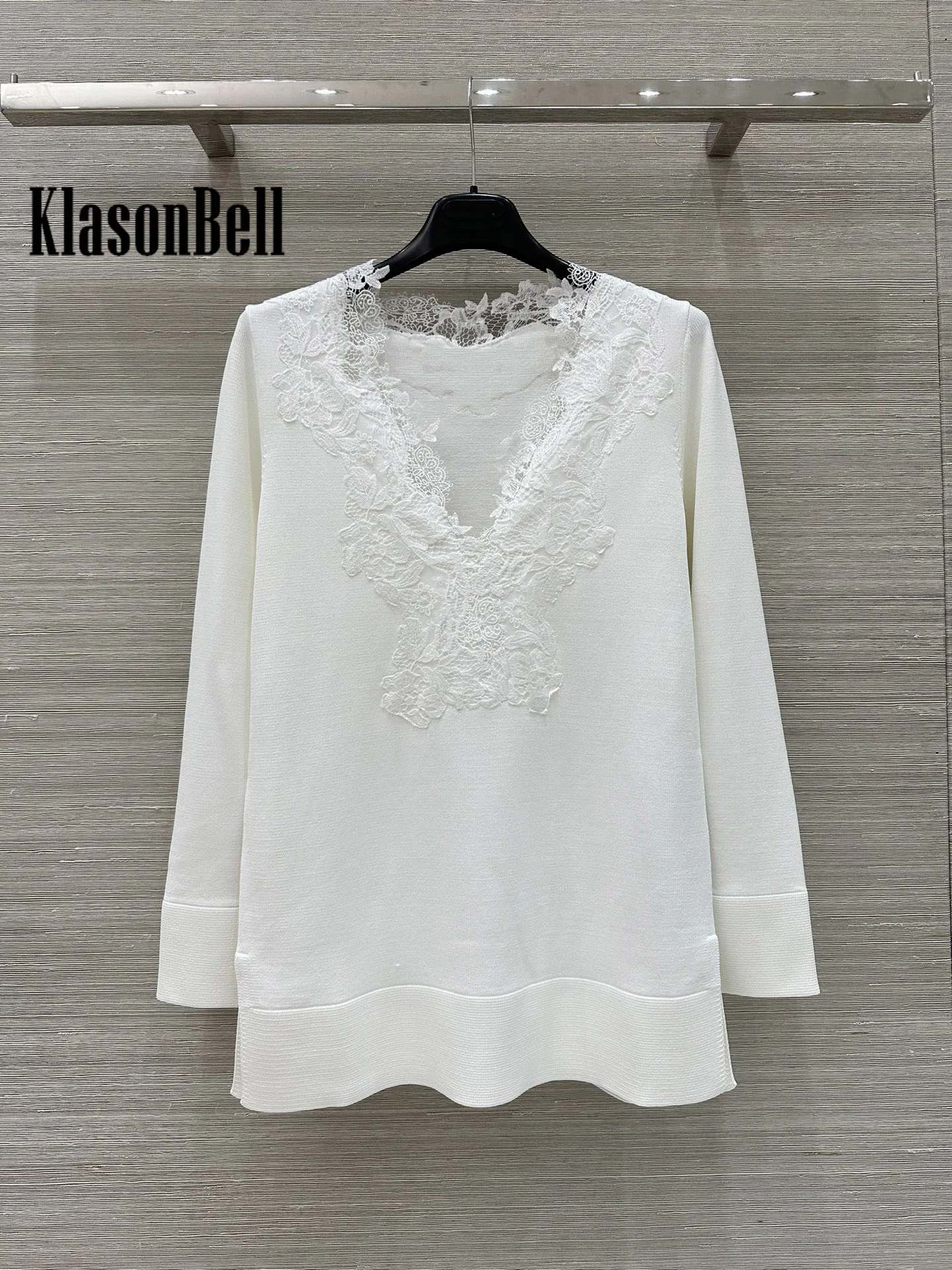 8.24 KlasonBell Women Lace Embroidered Appliques V-Neck Knitwear Sweater Or Elastic Waist Straight Pants Soft Elegant Knit Set