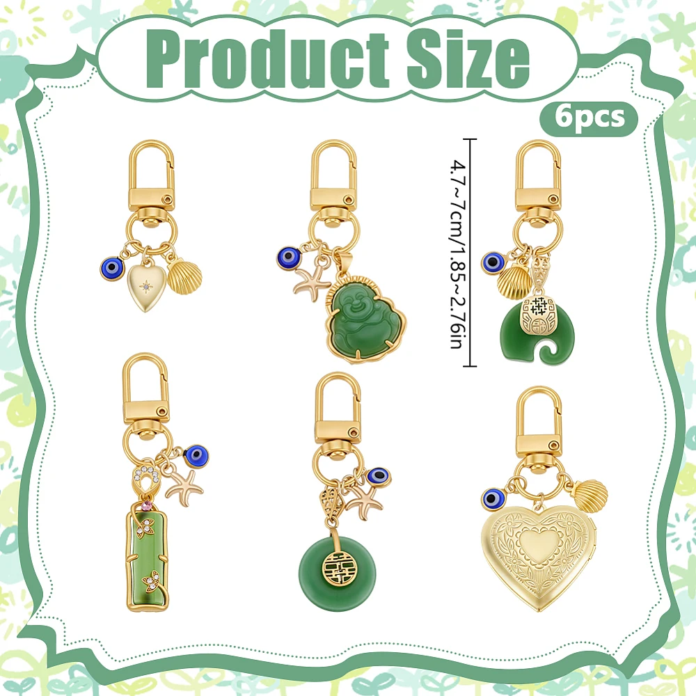 6PCS Green Imitated Jade and Keychains Gold Lucky Peace Buckle Pendant with Heart Starfish Shell Charms Maitreya Keyring