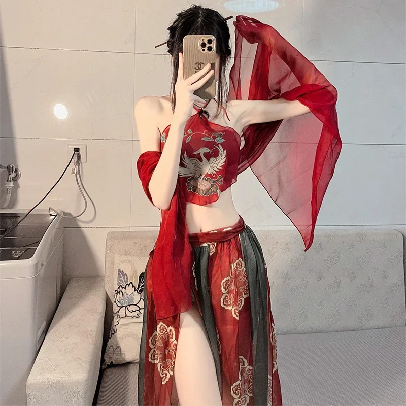 2025 New Chinese Red Sexy Hanfu Apron Women's Pure Desire Lingerie Suspender Skirt Uniform Hot Shawl Temptation Pajamas Band abc